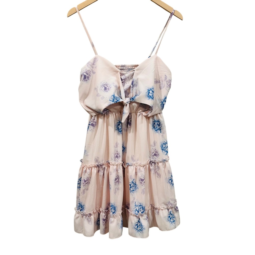 Floral Tie Front Tiered Ruffle Mini Dress Pink/Blue Rose Smocked Back Summer - L